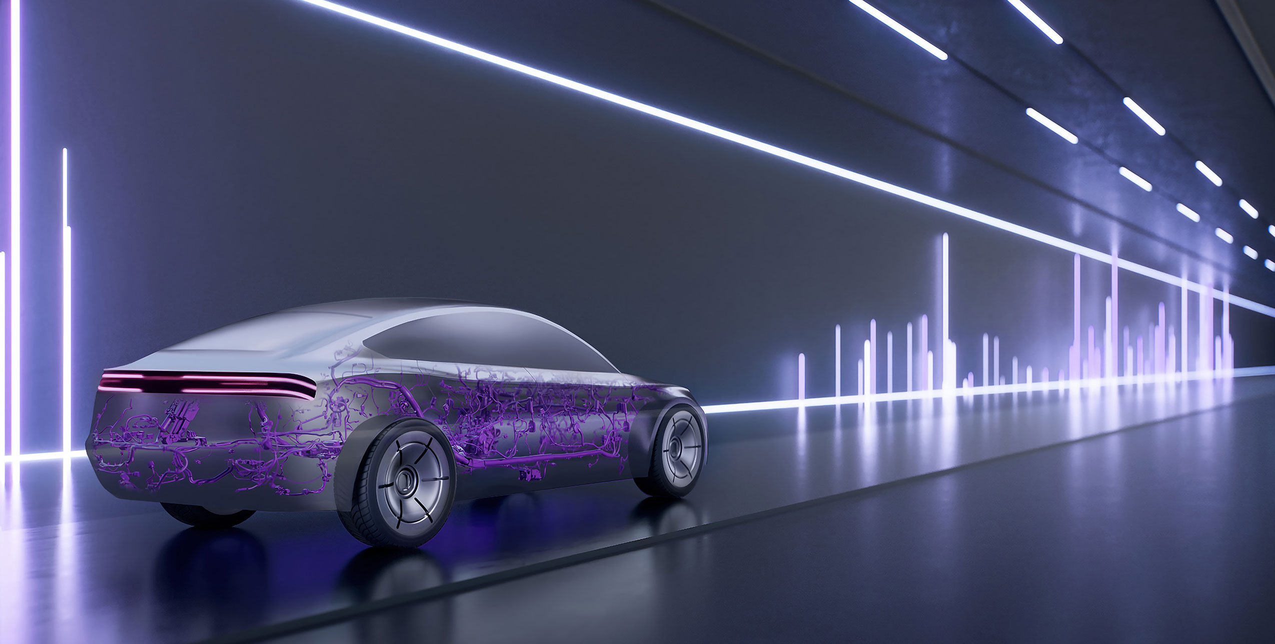 3D-model of a purple kabel system in a futuristic car